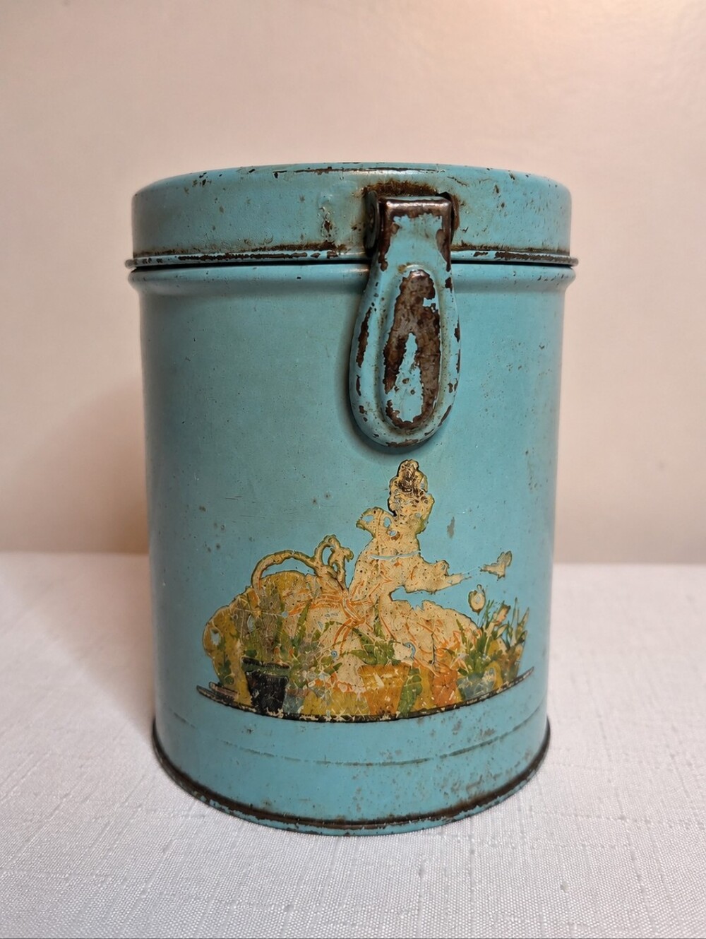 Vintage Light Blue Distressed Metal Tin Hinged Lid Empeco